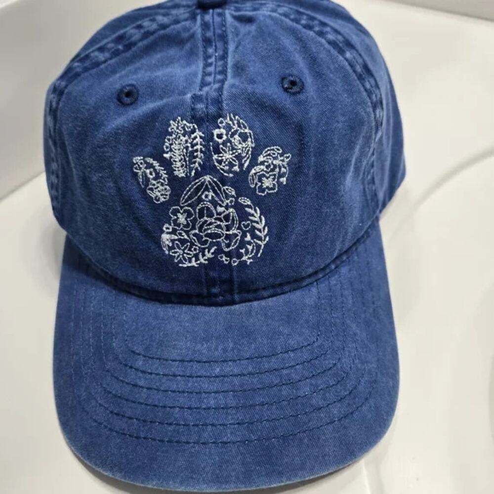 New Time And Tru Cap Blue Women's Flower Paw Dog Cat Adjustable Strapback Hat - Picture 2 of 6